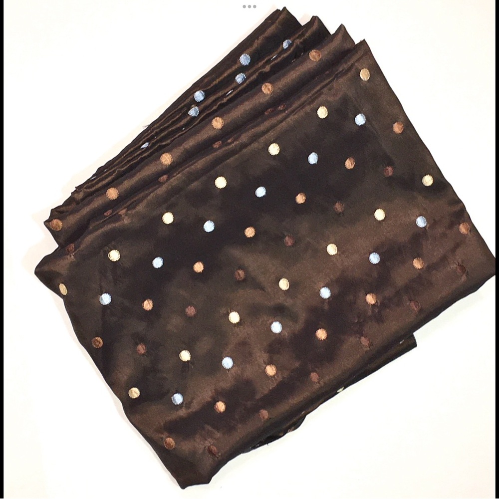Brown satin fabric with tan & blue dots